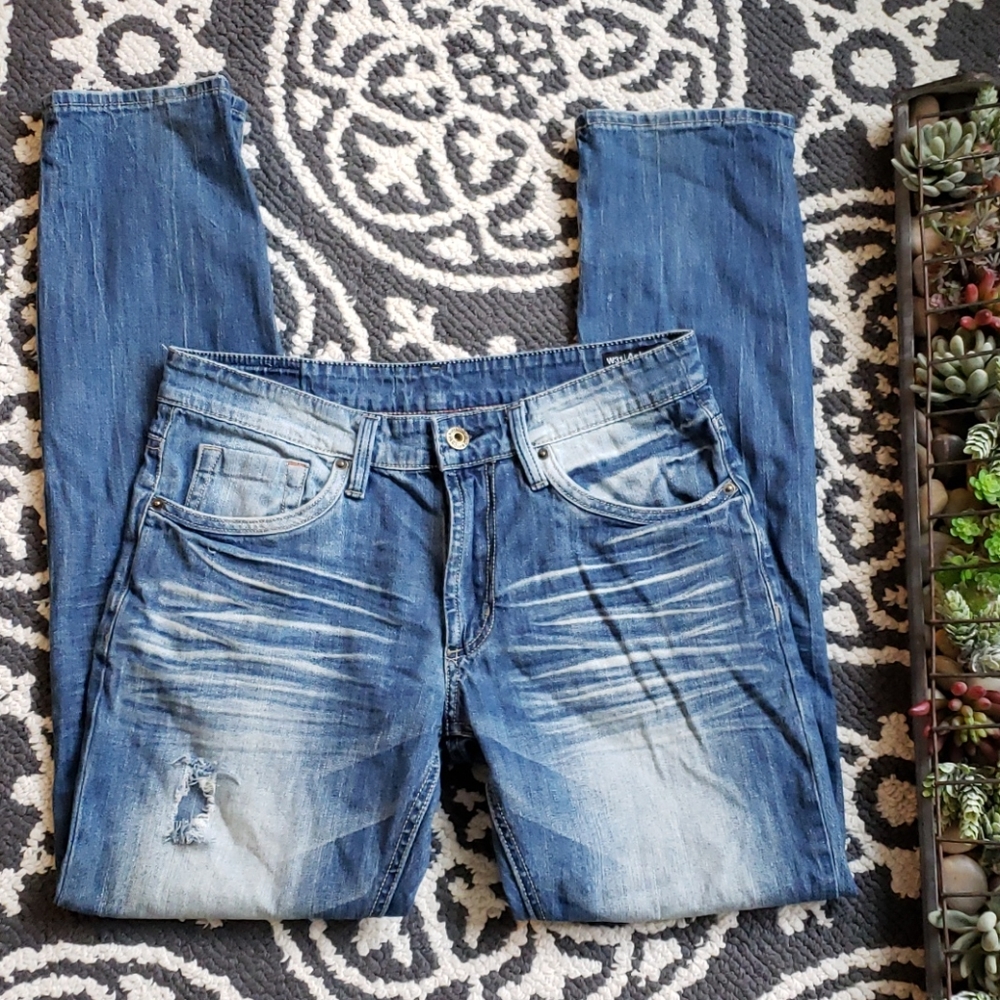 Buffalo David Britton Mens Blue Jeans Ash-x Basic Skinny Stretch L32 Distressed